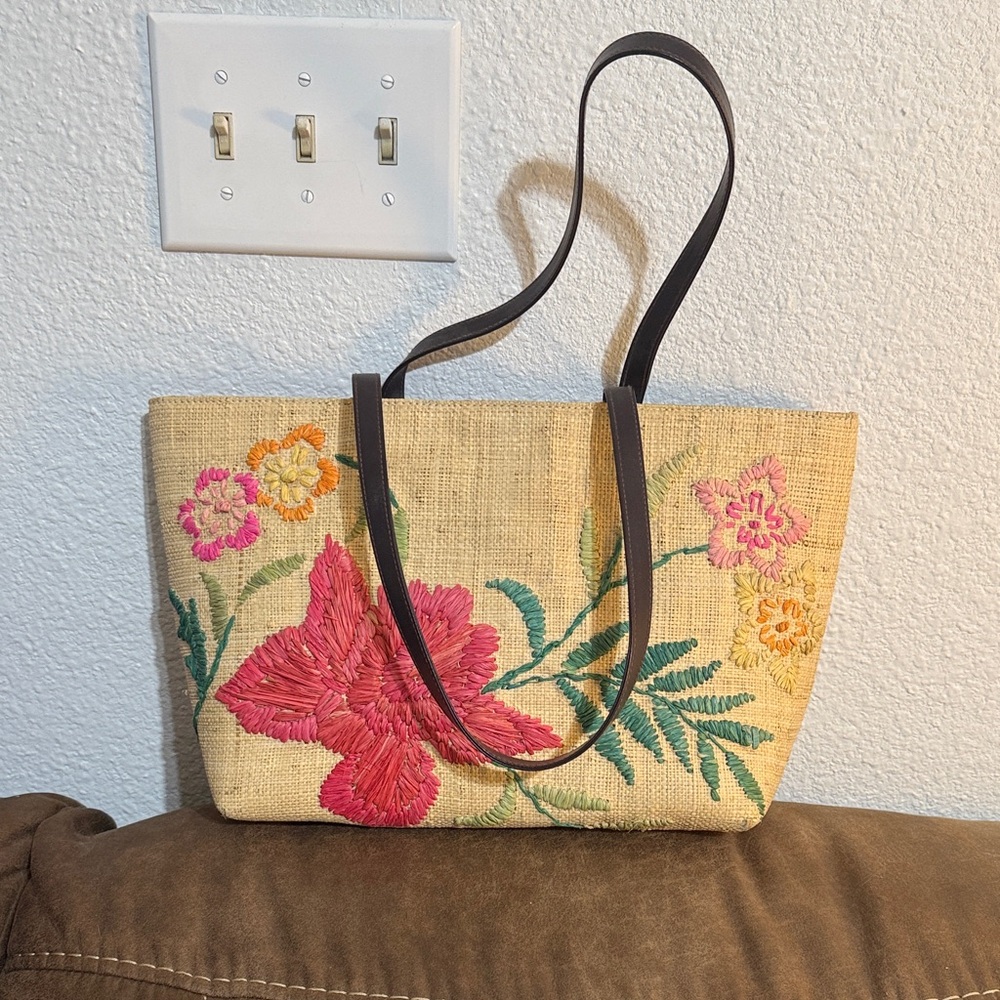 Floral Embroidered Tan Tote Bag - Picture 2 of 4